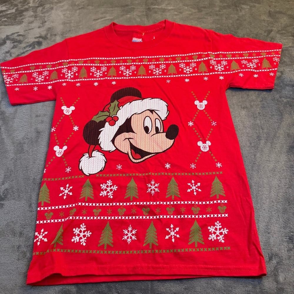 Disney Mickey Mouse Christmas Holiday T Shirt Hanes Beefy Y Red Mens Small